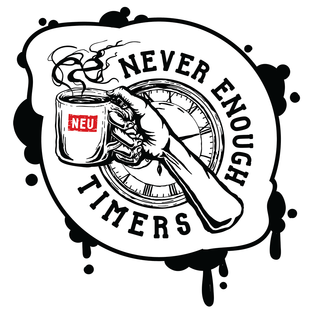 The logo of Never Enough Timers. The logo shows an arm holding a cup of steaming coffee in a mug that says "NEU".