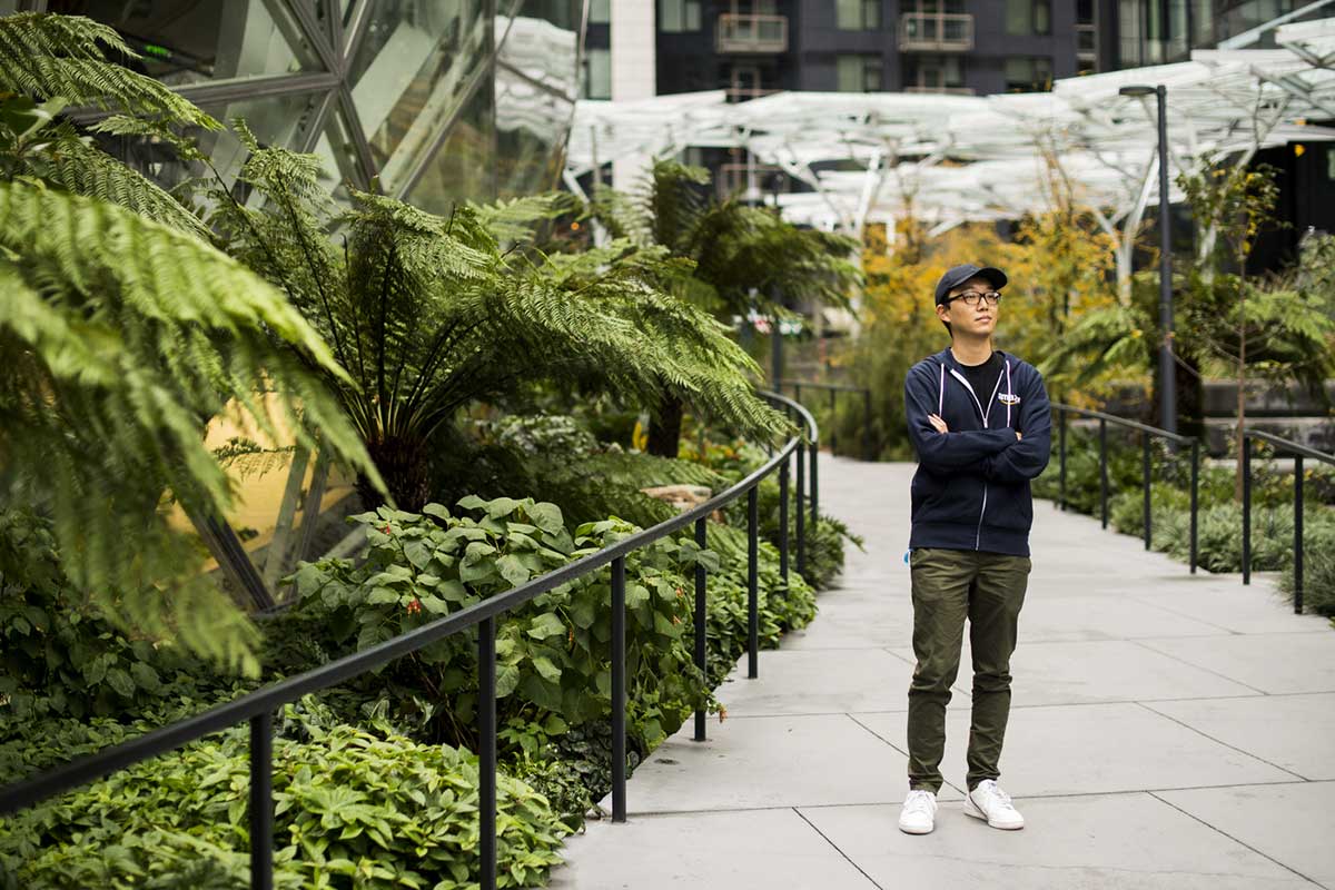 A student walks in an outdoor courtyard at Northeastern Seattle. The courtyard is covered in green plants and ferns.