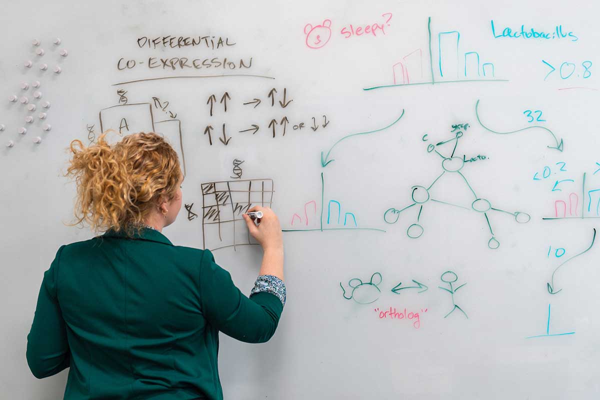 A Khoury student draws diagrams on a white board using a black marker. The board is covered in diagrams from previous sessions.