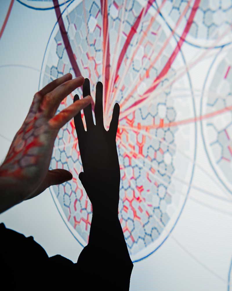 A person points at an info graphic on a large projection screen. The only part of the person that's visible is the person's hand.