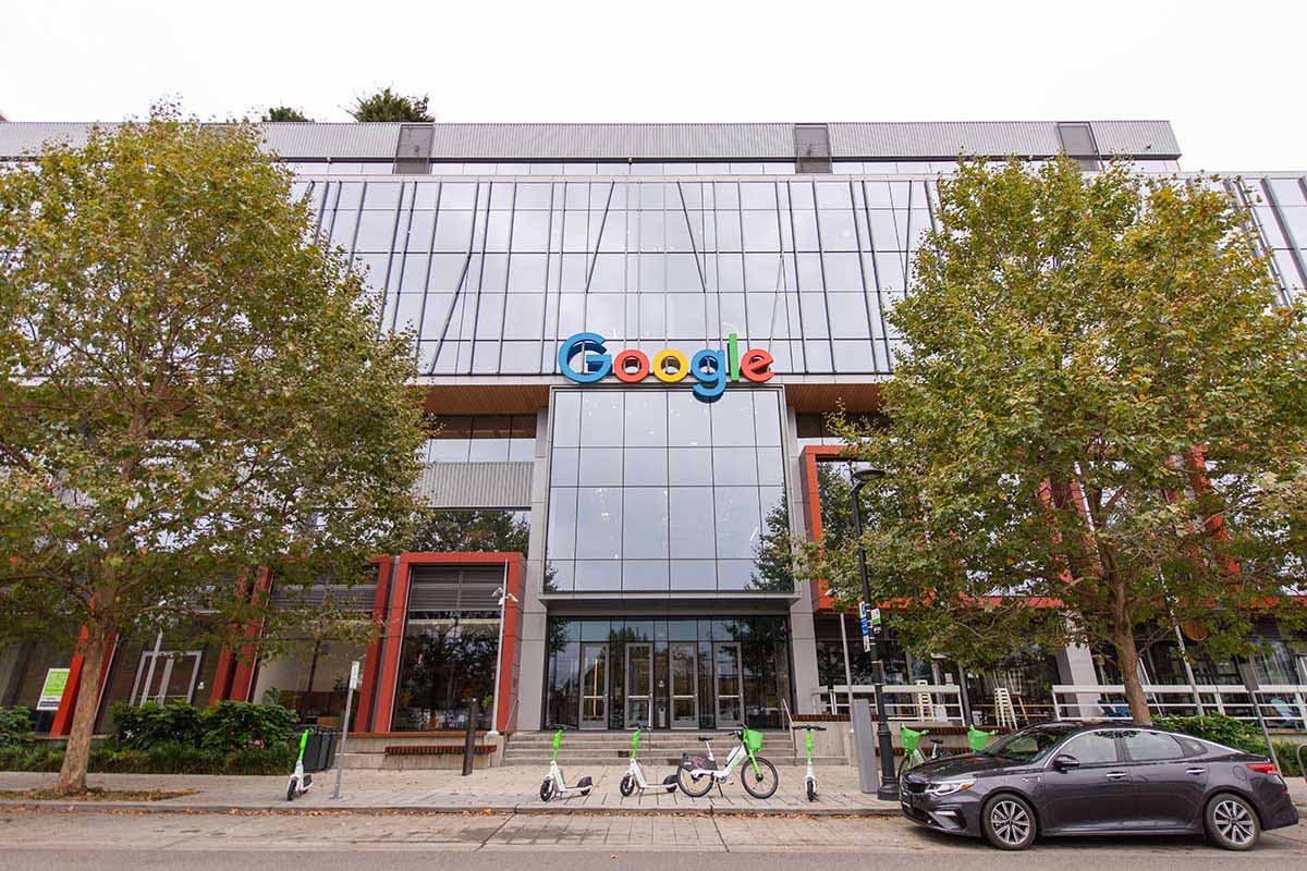 Google office is steps from campus. This photo shows a building with a Google sign above the door.