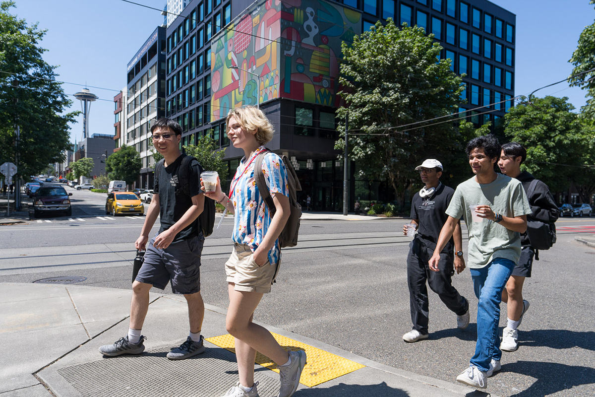 Five students take a walk at Northeastern's Seattle campus