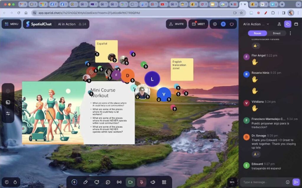 A screen capture from the The team’s AI in Action workshop in April. The image shows a computer screen with a volcano and river on a landscape with some yellow sticky notes attached, along with a chat window on the right.