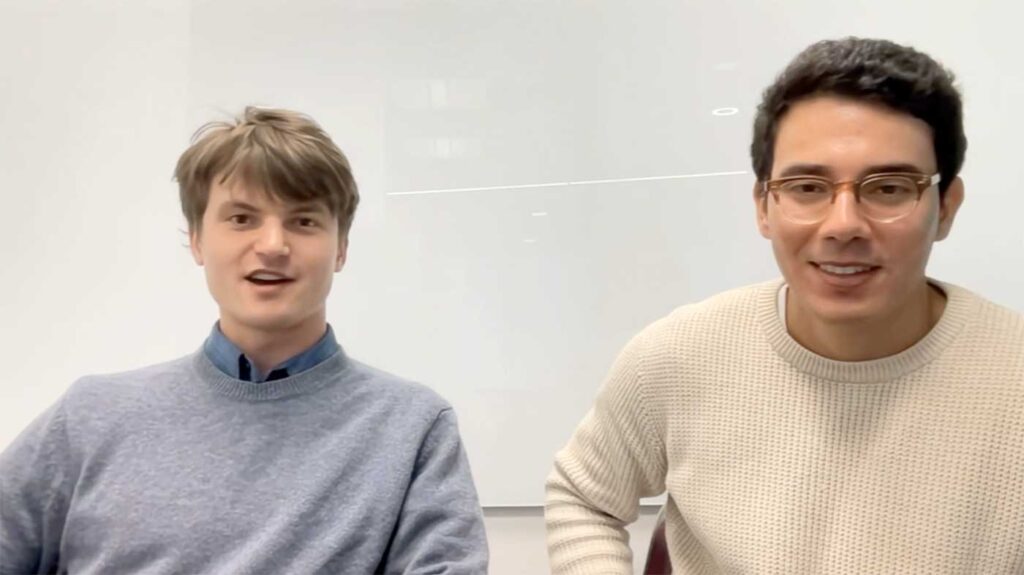 Max Von Hippel (left) and Juan Castaño pitch to investors over video chat.