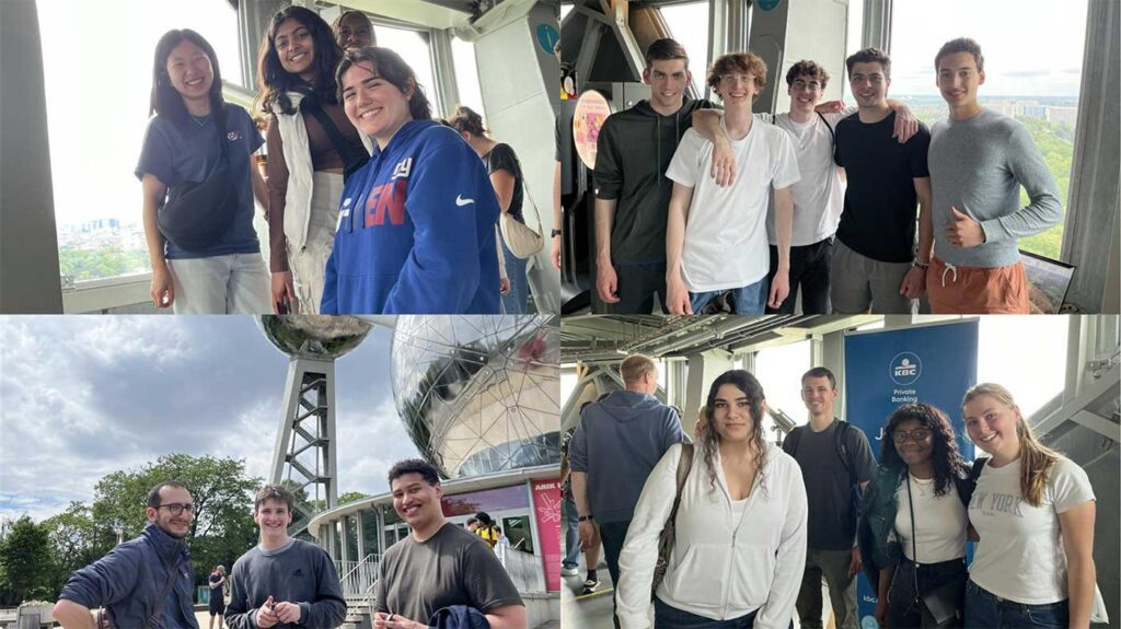 A collage of four photos showing various experiences students had in Belfium. In these photos, students pose at a landmark in Belgium.