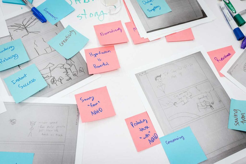 Several pink and blue post-it notes are stuck to a whiteboard in a Khoury lab. The whiteboard also has four sketches of game storyboards taped to it.