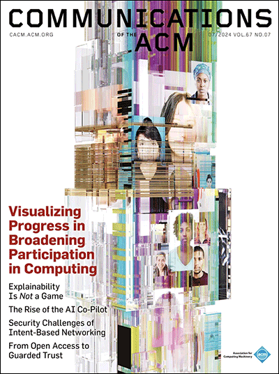 The cover of the July 2024 Communications of the ACM, which has a headline that says 'Visualizing Progress in Broadening Participation in Computing.'