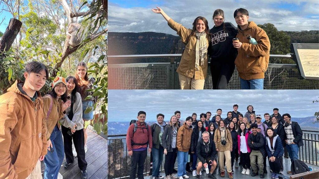 A collage of three photos showing Khoury students at nature sites in Australia