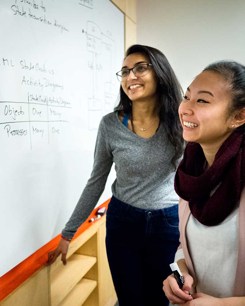 Two Khoury students smile while looking at charts written on a whiteboard