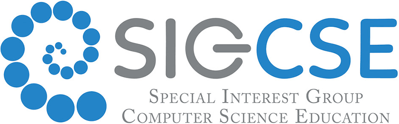 The logo of the Special Interest Group in Computer Science Education, which is "SIGCSE" in gray and blue letters to the right of a swirled line made up of blue circles