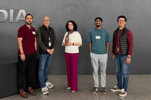 Himalaya Dua's NVIDIA hackathon team poses in NVIDIA's lobby
