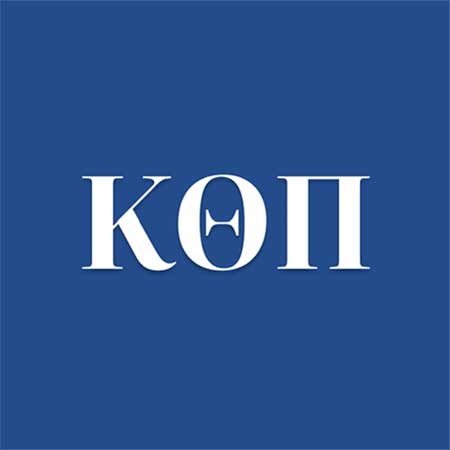 The white Greek letters of kappa, theta and pi on a blue background