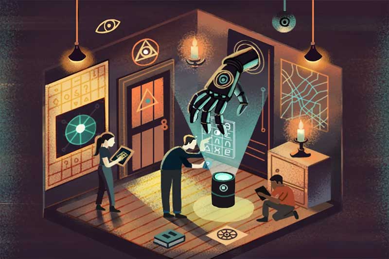 Northeastern researchers turned to escape rooms for a lesson in how to integrate AI into immersive learning environments. Illustration by Renee Zhang