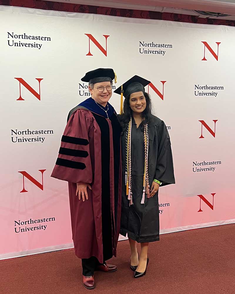 Dean Elizabeth Mynatt (left) and undergraduate speaker Mayukha Bhamidipati before the morning ceremony