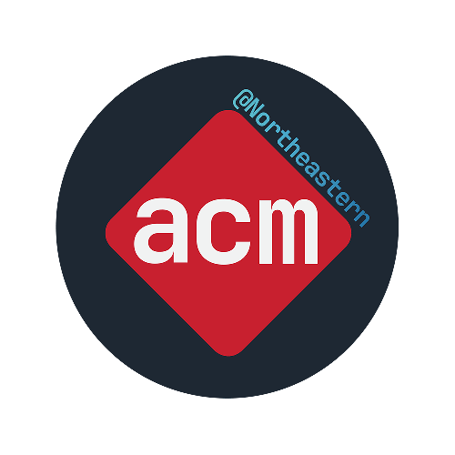 A logo with acm in white letters inside a red diamond and a dark blue circle, with @Northeastern appearing along one edge of the diamond