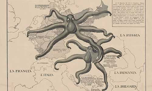 Octopus maps often portray threats of political movements, financial systems, and warring empires. National Library of Australia via Wikimedia Commons