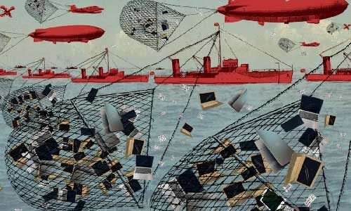 an illustration showing blimps and boats capturing computers with giant nets