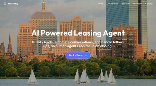 Image of HouseFly homepage with the words AI Powered Leasing Agent large and bolded.