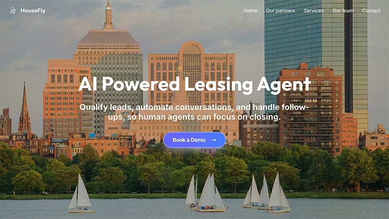 Image of HouseFly homepage with the words AI Powered Leasing Agent large and bolded.