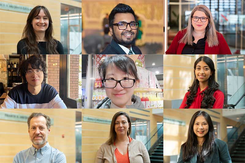 A photo collage showing the new Khoury faculty for 2025-26. Top row left to right: Terra Blevins, Upol Ehsan, Gabriela Gongora-Svartzman. Middle row left to right: Lunjia Hu, Xiang (Jenny) Ren, Jayshree Sarathy. Bottom row left to right: Lorenzo Torresani, Rebekah Tromble, Jia Zhu