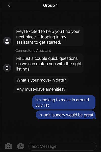 Sample text exchange between HouseFly's AI-powered leasing agent and a hypothetical renter.