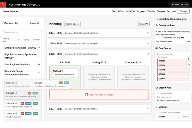 A screenshot of the Career Pathway app, which shows columns for a course list, planning courses for different semesters, and graduation requirements
