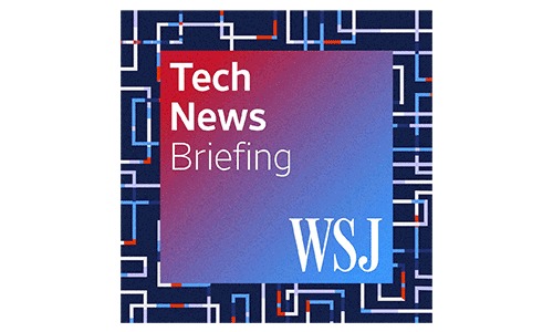 The WSJ Tech News Briefing logo, which has that title in white letters over a red and blue gradient