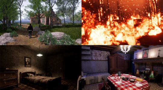 Snapshots from Bob De Schutter’s game “Brukel”. They show a person hiking to a cabin in the woods, a burning room, a bedroom, and a kitchen.