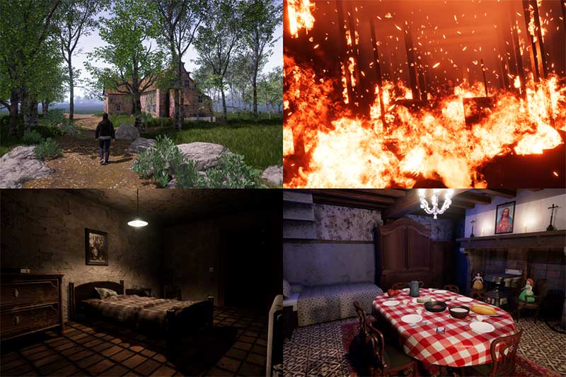 Snapshots from Bob De Schutter’s game “Brukel”. They show a person hiking to a cabin in the woods, a burning room, a bedroom, and a kitchen.