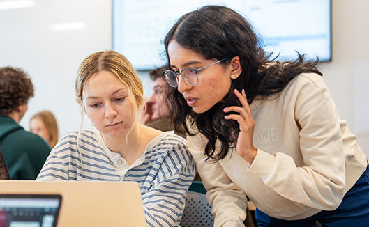 One student sits at a table looking at her laptop while a faculty member leans forward to speak to the student