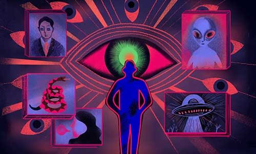 An illustration showing the back of a person looking at illustrations of conspiracy tropes like extraterrestrial beings and UFOs