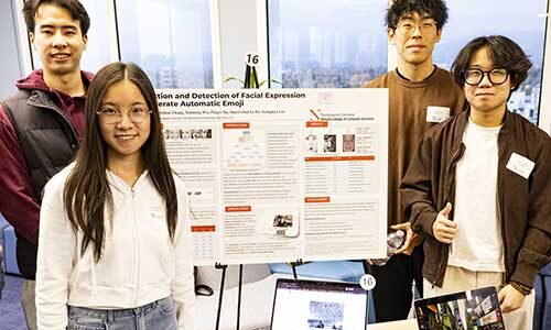 Xinmeng Wu, Pingyi Xu, Anning Tian and Qinhao Zhang pose for a photo while standing around their's project's poster