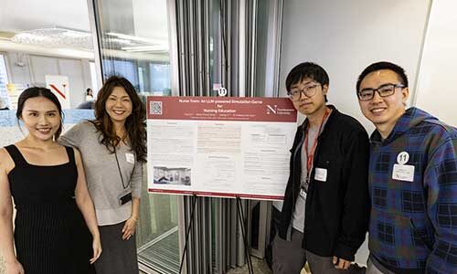 Three students from the Nurse Town research project pose around their research poster with Ilmi Yoon