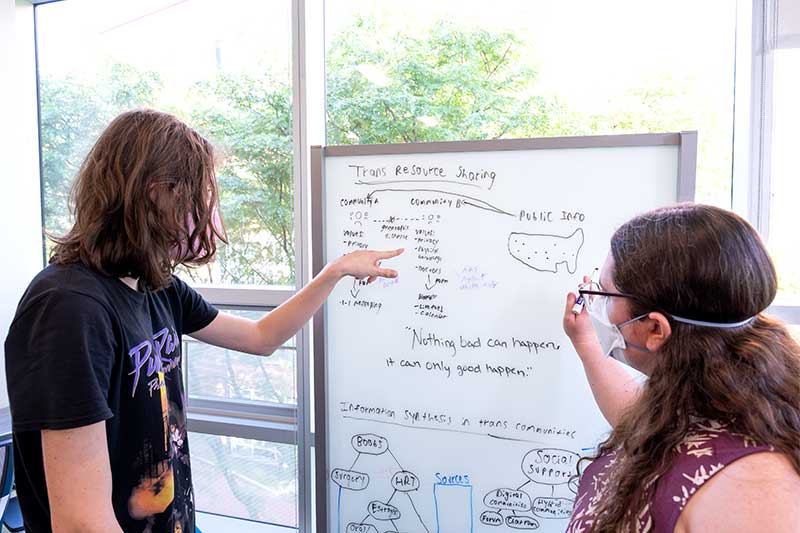 A student researcher points at a whiteboard while Michael Ann DeVito holds a marker after writing on the board