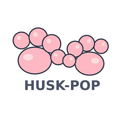 HUSK-POP appears under pink bubbles arranged like husky paws