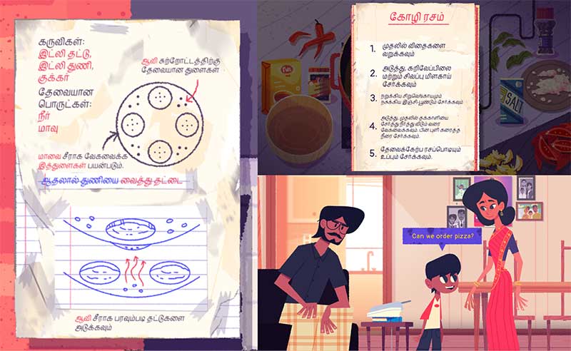 A screenshot from the game Venba, which shows an animated Indian immigrant family in a kitchen where a child is asking to order pizza