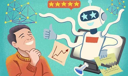 An illustration showing a person smiling as a character on a computer flashes a thumbs up