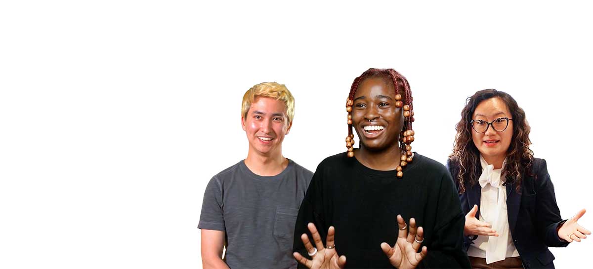 Three subjects of Khoury Stories are shown talking in a collage