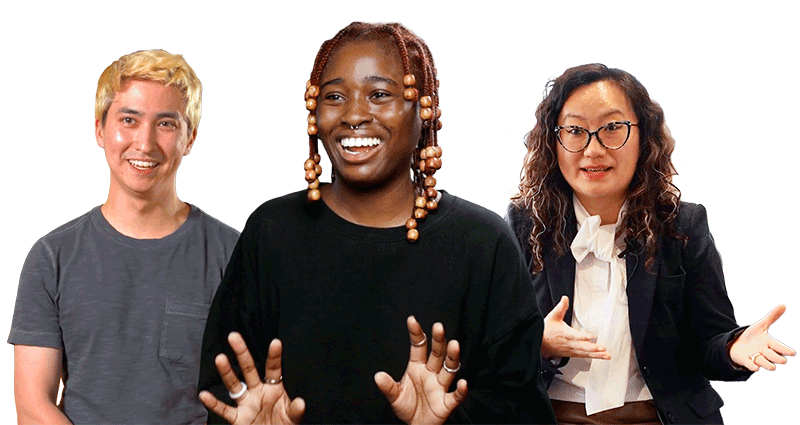 A cutout showing three Khoury students and faculty featured in Khoury Stories