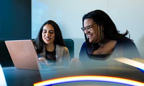 WISE co-directors Arshia Mathur (left) and Amelia Brooks catch up on recent WISE events in EXP