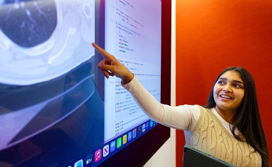 A Khoury student points at a large screen showing an image of a brain in a Khoury conference room