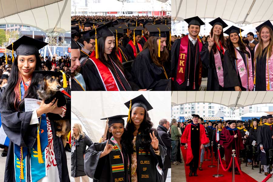 A collage of 5 photos from commencement. One photo shows a graduating student wearing a cap and gown holding a small dog wearing a cap and gown. Another shows dozens of rows of graduating students. The third photo shows four graduating students smiling. The fourth photo shows two graduates smiling while showing peace signs. The fifth photo shows Khoury faculty walking down the center aisle toward the commencement stage.