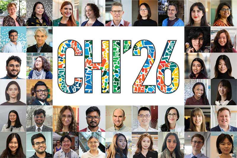 The CHI '26 logo overlaid on top of a mosaic containing faces of 39 Khoury researchers