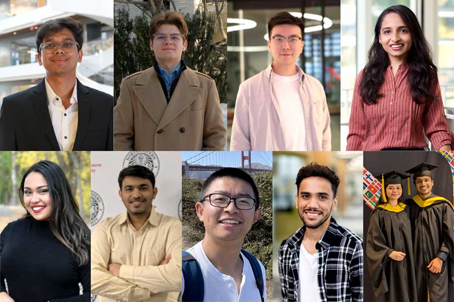A collage of graduates from across the Khoury network. Clockwise from top left: Arth Patel, Reese Cantu, Erdun E, Vinal Dalcy Dsouza, Mansi Modi, Kalhar Pandya, Mandar Ambulkar, Sihe Chen, Venkateshprasad Kulkarni, and Marcela Perro