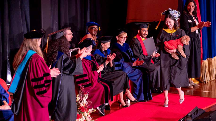 New graduate Xiaotong Li walks across a red carpet on the stage while carrying a small dog