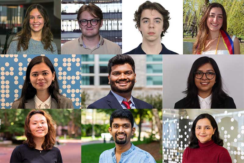 A collage of photos of award winners. Top row from left to right: Sabine Laurence, Misha Ankudovych, Zack Eisbach, and Katherine Aristizabal. Second row from left to right: Mansi Modi, Nihar Sanda, and Ritika Kumar. Third row from left to right: Hye Sun Yun, Harsh Chaudhari, Andisheh Ghasemi