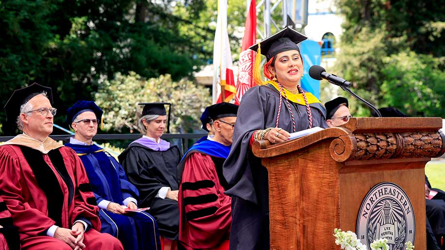 Silicon Valley student speaker Aisha Abdur Rahim, who received her MS in Computer Science, addresses her classmates and the crowd