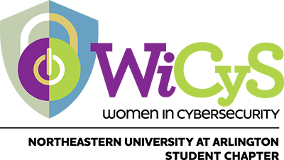 The logo of the NU Arlington chapter of Women in Cybersecurity, which is a multicolor lock graphic alongside the letters "WiCyS"