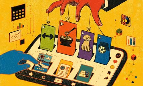 An illustration showing icons on a tablet controlled by strings tied to a person's fingers