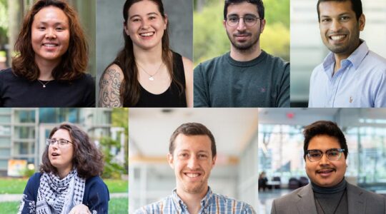 A collage of Khoury PhD graduates and post docs moving into academic jobs; clockwise from top left: Hye Sun Yun, Alyssa Smith, Jad Silbak, Vikrant Singhal, Kutub Gandhi, Ben Weintraub, and Leah Namisa Rosenbloom